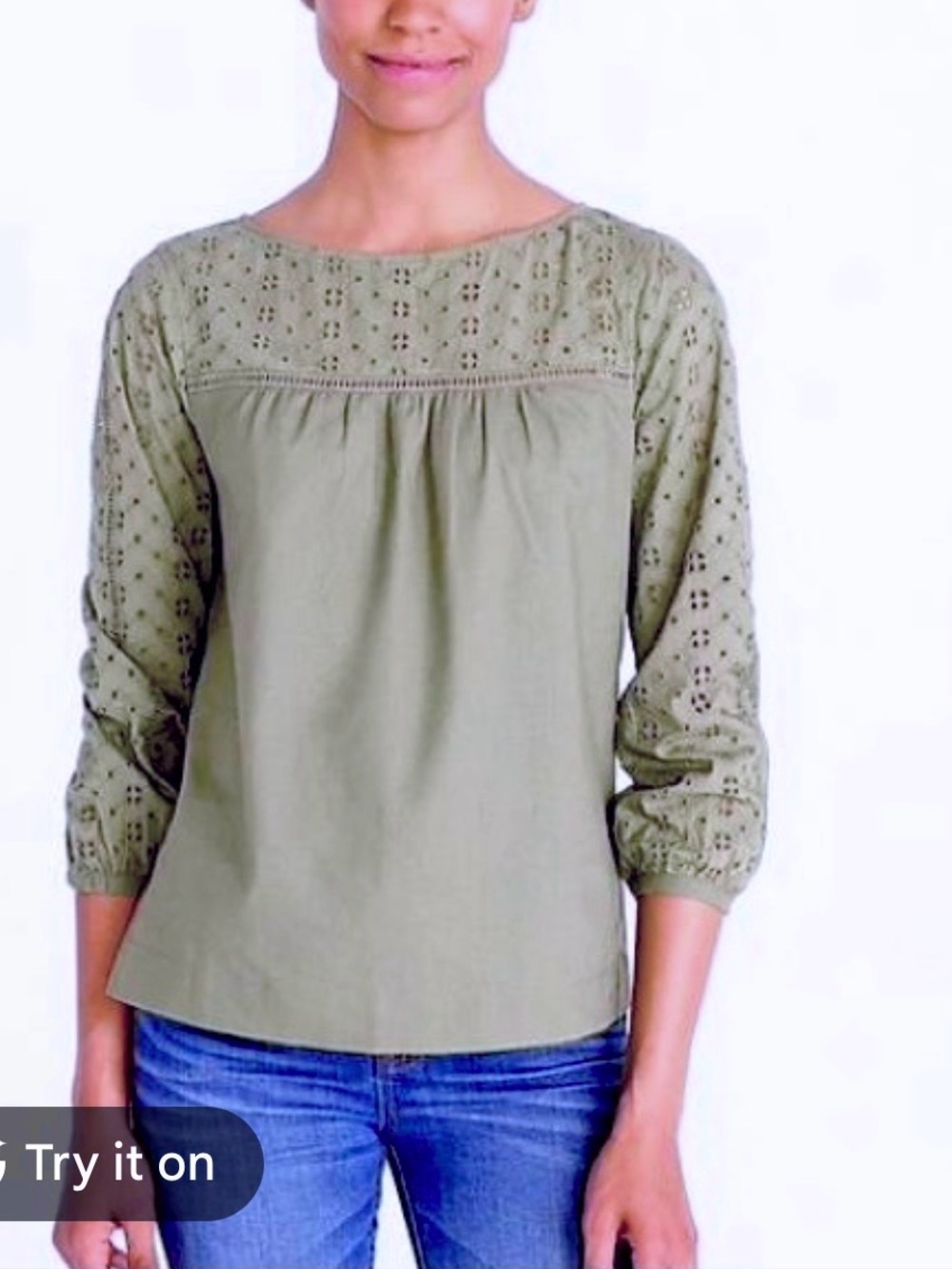 J.Crew Mercantile Olive Green Linen Blend Eyelet Lace Long Sleeve Top size s